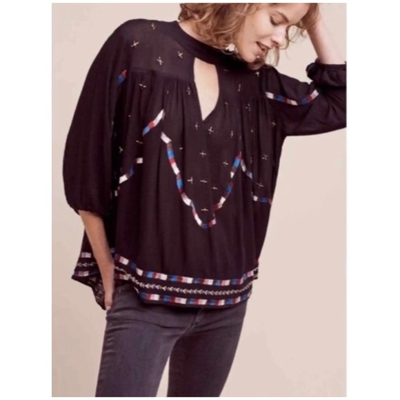 Anthropologie Chloe Oliver Marrakesh 
BLACK EMBROIDERED BEADED SWING BLOUSE NWOT - Picture 2 of 14